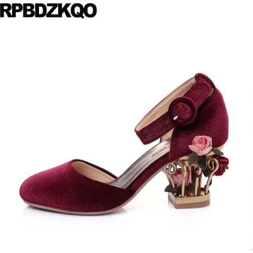 Pink Wedding Shoes Pumps 2018 Bride Round Toe Size 4 34 Block Customized Flower Velvet Women High Heels Big Ankle Strap Wine Red