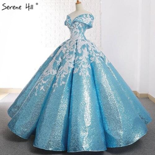 Sky Blue Handmade Flowers Fashion Wedding Dresses 2020 Off Shoulder Sexy Sequined Luxury Sparkle Bridal Gown Real Photo