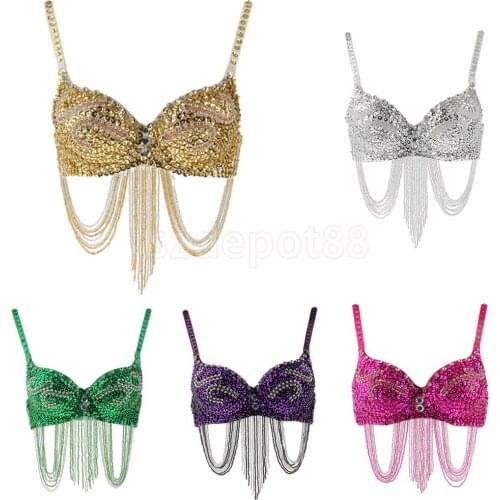 Vintage Belly Dance Top Bra Sequin Beads Clubwear Stage Show Costumes for Halloween Fancy Dress Party