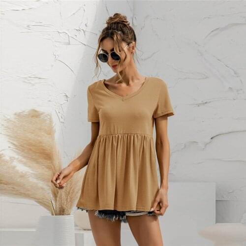 Elegant Women V-neck Casual Loose T-shirt Top Summer 2021 New Solid Color Short Sleeve Black White Pollover Korean Clothes