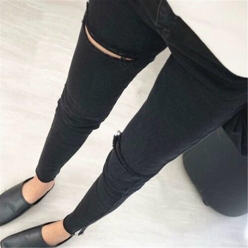 Women 2021 Spring New Fashion High Waist Slim Pencil Pants Female Solid Color Holes Jeans Ladies Skinny Denim Trousers P338