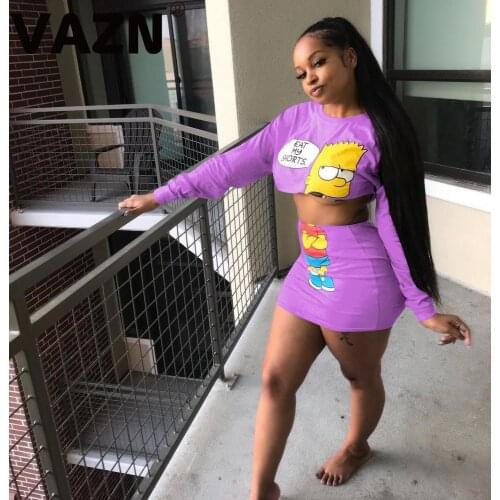 VAZN 2020 New Summer Full Sleeve Crop Top O-neck Cartoon Print Short Pant 2PCs Set Casual Beach Clothing Ladies Women Sets