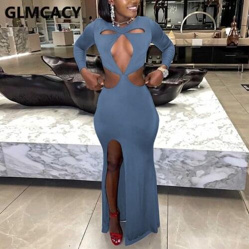 Women Long Sleeve Cut Out Slim Maxi Dress Elegant Evening Party Slit Dress