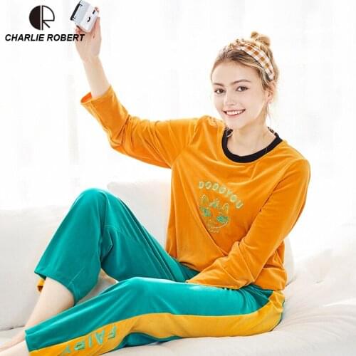 Gold Velvet Winter Women Pajama Sets Female Flannel O-Neck Print Casual Loose Home Clothes Winter Warm Suit Two Piece Lingerie