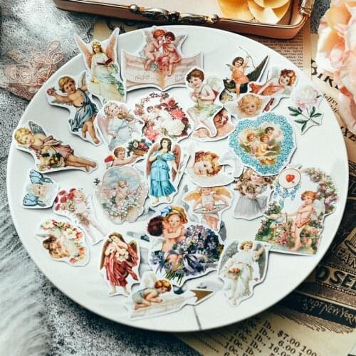 28pcs European Angel Doll Stickers Vintage Junk Journal Ephemera Decorative Craft Stickers DIY Diary Album Scrapbooking Material