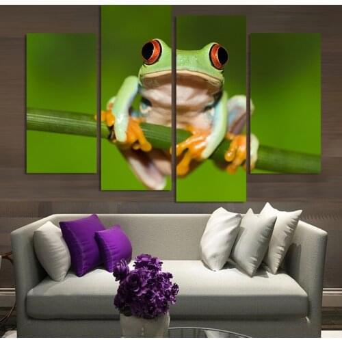4 Panel Canvas Art Canvas Painting Frog Red Eyes Hunting HD Printed Wall Art Poster Home Decor Picture for Living Room XA092C