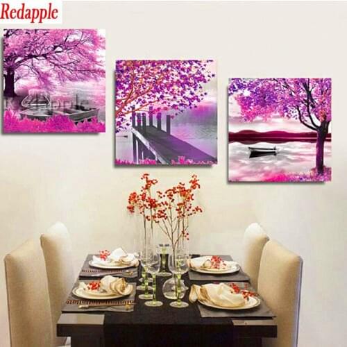5D DIY square Round Drill Diamond Painting Cross Stitch pink tree Flower 3D Diamond Art Embroidery Landscape Mosaic 3 pcs Decor