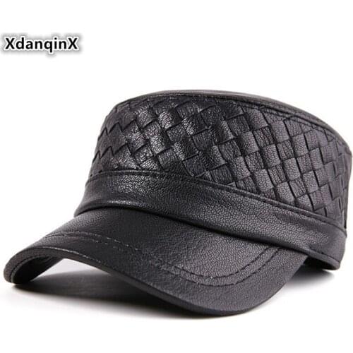 XdanqinX Snapback Cap Genuine Leather Hat Mens Sheepskin Leather Military Hats Adjustable Size Middle-aged Men Dads Flat Caps