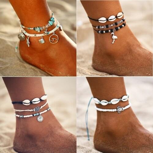 Boho Ocean Beach Sea Shell Cowrie Ankle Bracelet Multi Layer Beads Adjustable String Macrame Mussel Seashell Anklets for Women