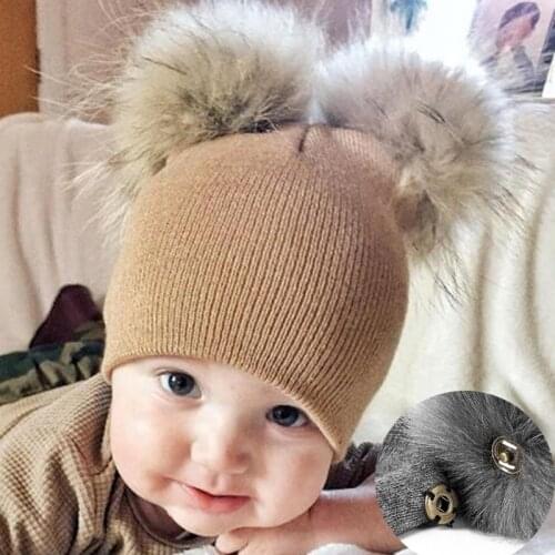Kids Hats Super Big Double Wool Ball Childrens Knitted Cute Hooded Woolen Foreign Trade Warm Caps Baby Newborn Infant Toddler