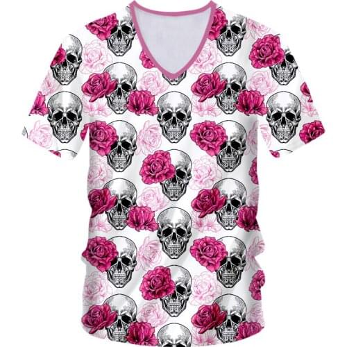 IFPD 3D New Y2k Skull Floral Print V-neck Shirt For Men/ Women Funny Summer Harajuku Hip Hop Casual Gothic Short Sleeve Clothing