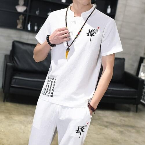 Summer Short Sleeve Sets Men Suit Cotton Linen Tracksuit Round neck Male embroidery Sweatshirts Pure color T Shirt +Pants M-5XL