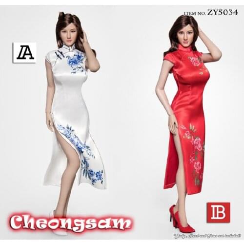 Red/White Color YTOYS ZY5034 1/6 Scale Chiese Style Female Figure Dress High Split Long Cheongsam Underwear for 12 inches Body