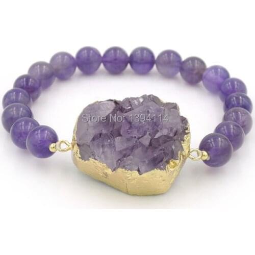 Natural Amethys t Druzy Connectors Of Cladding Gold & 8mm Round Beads Bracelets Stretch Energy