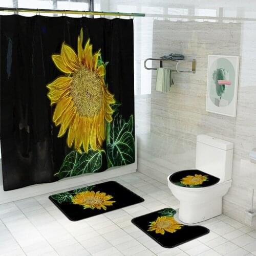 Non Slip Bathroom Rugs Sunflower Floral Printed Bathroom Carpet and Bath Room Waterproof Shower Curtain Toilet Rug Washable