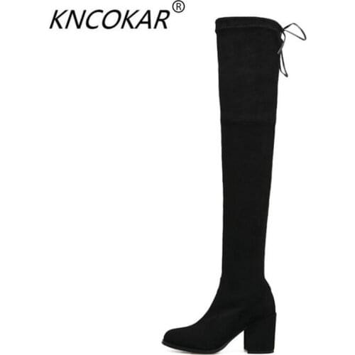 KNCOKAR Autumn winter 2018 stretch boots new style over knee women thick heel round head tie over knee boots leather boots