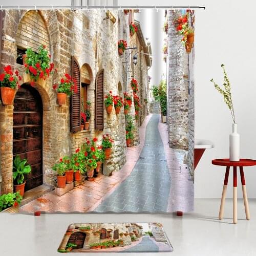 Retro Street Bathroom Set Flower Shower Curtains Bath Mats Entrance Door Mat Room Decoration Bath Screens Rugs Non-Slip Carpet