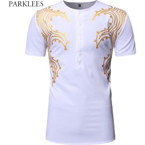 Luxury Metallic African Floral Printed Mens Short Sleeve Tshirt Gold Dashiki T-Shirts for Men Casual Plus Size Mens Clothing