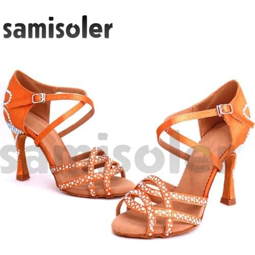 Samisoler Ladies Latin dance shoes with Brown rhinestone salsa dancing shoes Fashion Comfortable satin soft high heels 5CM-10CM