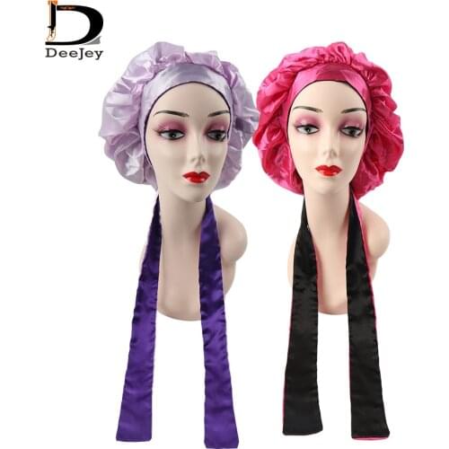Custom logo virgin hair double layer satin silk bonnet with long wrap edge control head band