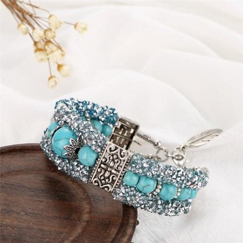 Boho Style Rhinestone Turquoise Beads Bracelet for Women Anxiety Relief Inner Peace Healing Balance Bangle Jewelry Carved KJ28D2