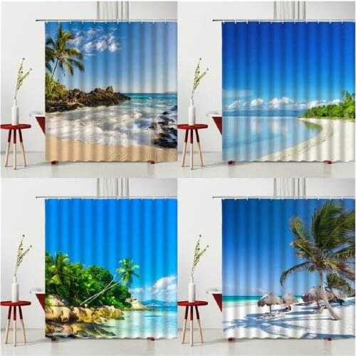 Summer Seaside Landscape Waterproof Shower Curtain Beach Coconut Tree Blue Sky Baiyun Reef Polyester Fabric Machine Washable