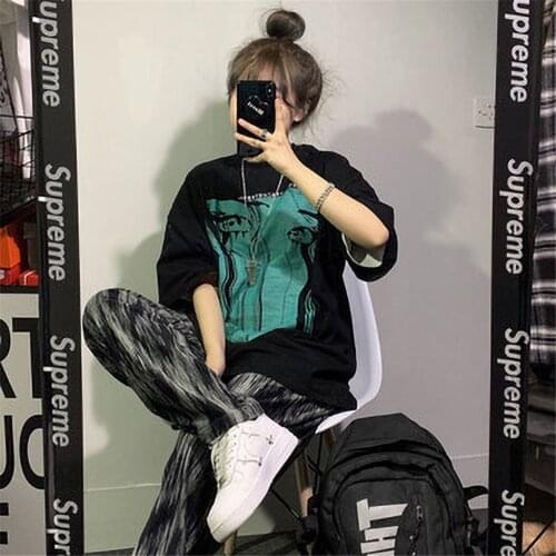 Women Summer Black Loose Short-sleeved Girls Harajuku Top Streetwear