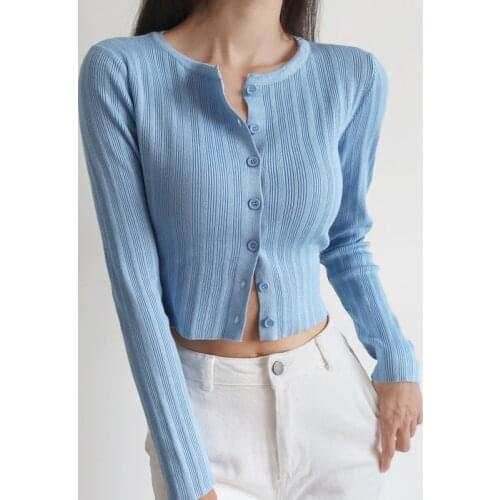 Women O Neck Fine Knit Cropped Cardigan Knitted Top With Buttons
