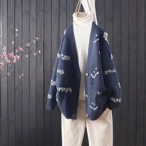 2021 autumn and winter new smiley face letter jacquard v-neck loose knit long-sleeved v-neck cardigan female wild