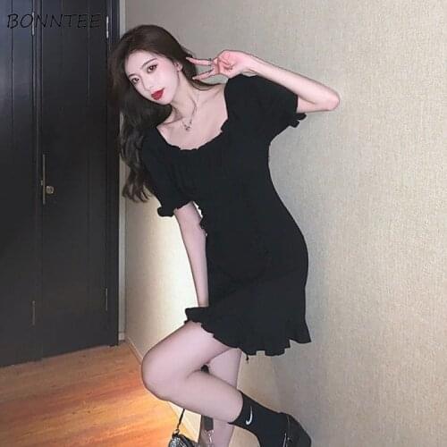 Puff Sleeve Dresses Women Ruffles Solid Slim Square Collar Sexy Ladies Mini Vestido Evening Party Club Simple Leisure Vintage