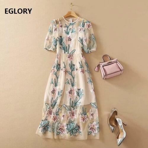 Luxury Embroidery Dress 2021 Spring Summer Runway Women Embroidery Floral Patterns Short Sleeve Slim Fit A-Line Dress Boutique