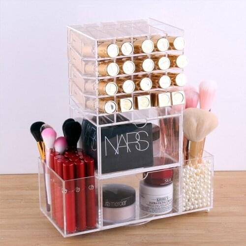 Acrylic 40 Slots Rotating Lipstick Storage Box With Drawers Makeup Organizer Holder Lip Gross Display Standing Rack With Pearl