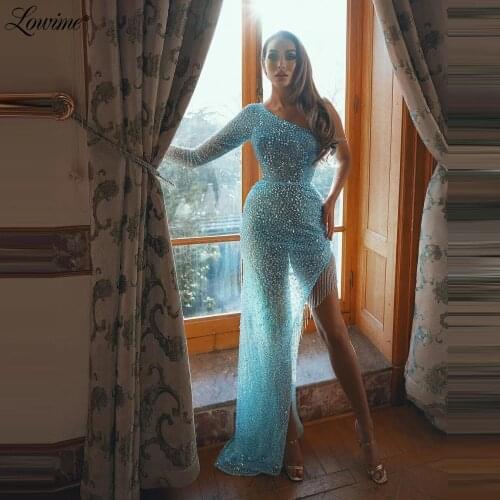 Arabic Blue One Shoulder Beaded Evening Gowns 2021 Tassel Long Mermaid Women Formal Party Dress Mermaid Prom Dresses 2021 Custom