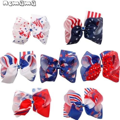 Ncmama 4th of July Hair Bows with Clips Girls Large Hairbows USA Flag Independence Day Hairgrips Festival Kids Hair Accessories