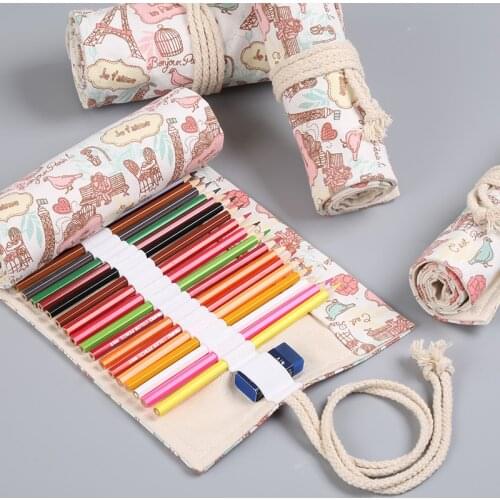 Cute Eiffel Tower Penal for School Roll Pencil Case Big 12/24/36/48/72 Holes Pencilcase Girls Boys Pen Bag Canvas Cartridges Kit