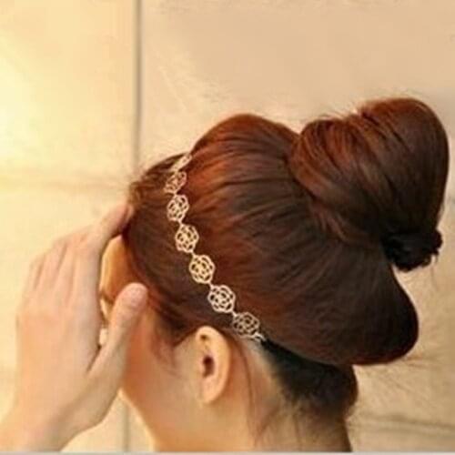Cute Chain Elastic Hollow Out Rose Flower Stretch Hair Band Headband Metallic hair accessories