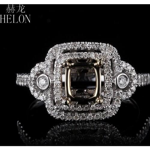 HELON 4.5x5-6.5x7mm Cushion Cut Solid 14K White/Yellow Gold Fine Jewelry Pave 0.3ct Real Natural diamond Semi Mount Ring Setting