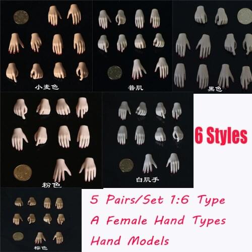 JIAOUDOL 1/6 Scale Hands Model 5 pairs/Set For 12" Female Figure Body A/B/C/D/E/F 6 Styles