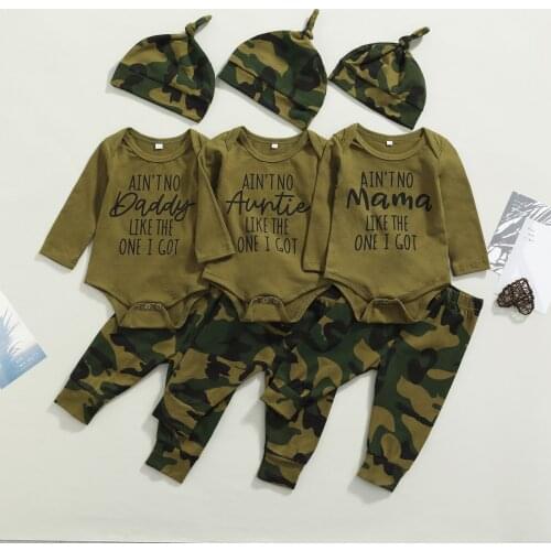 FOCUSNORM 3pcs Infant Baby Boys Girls Autumn Clothes Sets Letter Long Sleeve Romper Tops Camouflage Pants Hat 0-18M