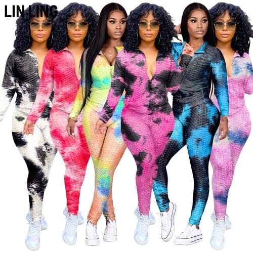 LINLING Water Ink Jacquard Tie Dyed Multicolor Vertical Collar Zipper Sweater Two Piece Set Bubble Yoga Pants Set