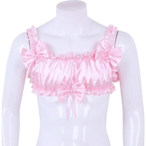 Men Crossdressing Pink/Black Sexy Crop Tops Soft Satin Ruffled Frilly Sissy Lingerie Elastic Straps Wire-free Bra Tops