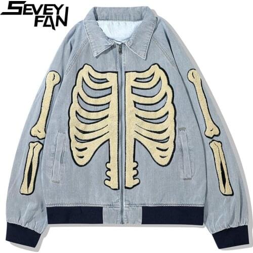 SEVEYFAN Mens Streetwear Skull Skeleton Embroidery Denim Jacket Hip Hop Zip Up Jean Coat for Male