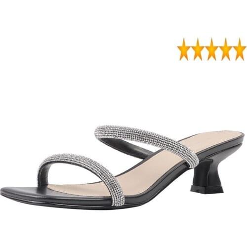 Summer Rhinestones Peep 2021 Women Medium Heel Shoes Fashion New White Black Square Toe Office Party Lady Sandals