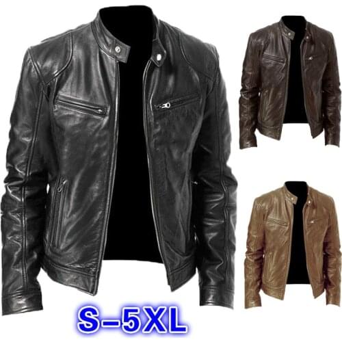 Men Leather Jacket Winter Vintage Zipper Plus Size Motorcycle Jackets Fashion Stand Collar Pocket Solid Male Jacket Coat Outwear