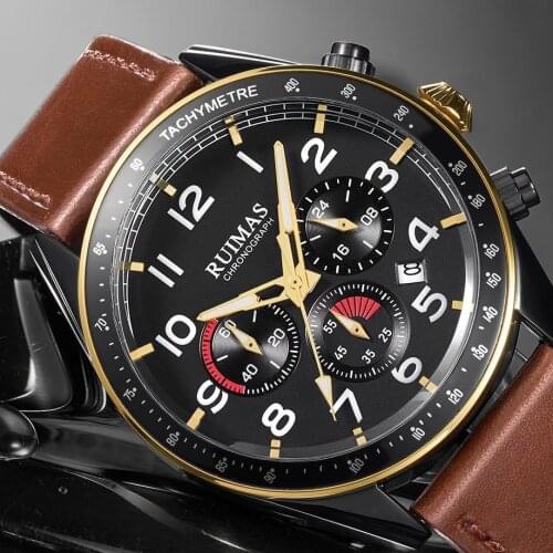 RUIMAS Mens Brown Leather Quartz Watches Luxury Chronograph Wristwatch Men Military Sports Watch Male Relogios Masculino 574