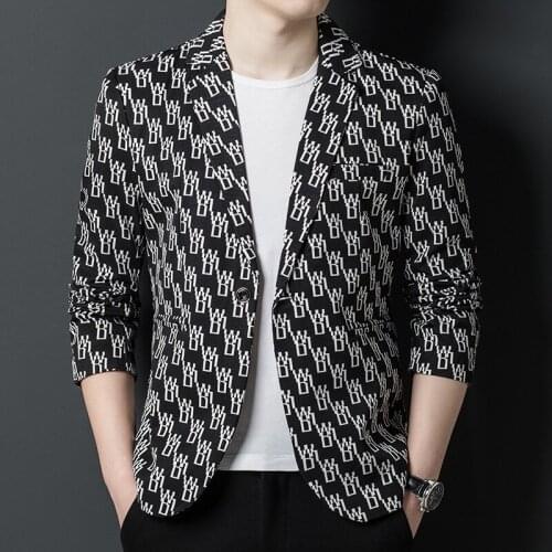 New Mens Letters Pattern Printed One Button Blazers Jacket Smart Casual Long Sleeve Coat Size M-4XL C5