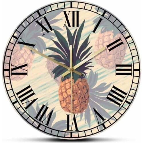 Vintage Style Pineapples Kitchen Art Printed Wall Clock Dinning Decor Botanical Artwork Retro Roman Numerals Modern Wall Clock