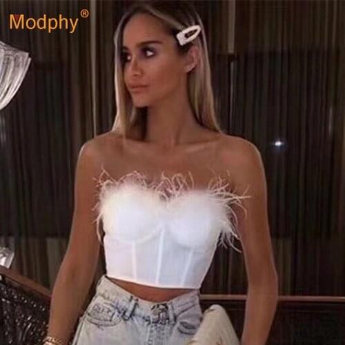 2021 New Summer High Quality Fashion Feather Strapless Black And White Bandage Top Night Club Short Top