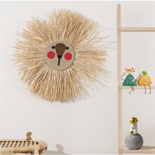 INS Nordic Hand woven Cartoon Lion Hanging Decorations Cotton Thread Weaving Animal Head Ornament Children room Wall Hanging