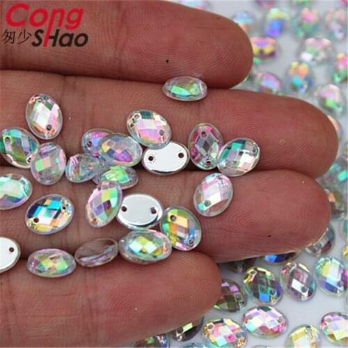 Cong Shao 6*8/10/14/13*18mm Clear AB Crystals Acrylic Oval Rhinestone stones flatback sewing 2 Hole DIY Clothes Decoration YB699